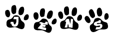 The image shows a row of animal paw prints, each containing a letter. The letters spell out the word Jens within the paw prints.