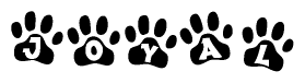 The image shows a series of animal paw prints arranged in a horizontal line. Each paw print contains a letter, and together they spell out the word Joyal.