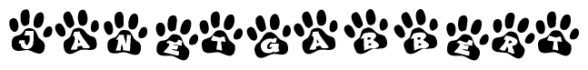 The image shows a row of animal paw prints, each containing a letter. The letters spell out the word Janetgabbert within the paw prints.