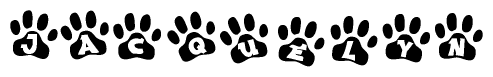 The image shows a row of animal paw prints, each containing a letter. The letters spell out the word Jacquelyn within the paw prints.
