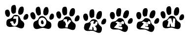 The image shows a series of animal paw prints arranged horizontally. Within each paw print, there's a letter; together they spell Joykeen