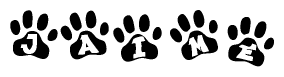 The image shows a row of animal paw prints, each containing a letter. The letters spell out the word Jaime within the paw prints.