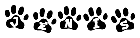 The image shows a series of animal paw prints arranged in a horizontal line. Each paw print contains a letter, and together they spell out the word Jenis.