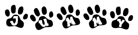 The image shows a series of animal paw prints arranged horizontally. Within each paw print, there's a letter; together they spell Jummy