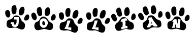 The image shows a series of animal paw prints arranged horizontally. Within each paw print, there's a letter; together they spell Jollian
