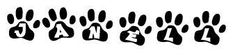 The image shows a row of animal paw prints, each containing a letter. The letters spell out the word Janell within the paw prints.
