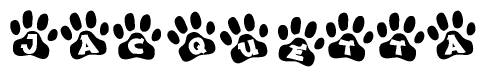 The image shows a series of animal paw prints arranged horizontally. Within each paw print, there's a letter; together they spell Jacquetta