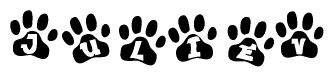 The image shows a series of animal paw prints arranged in a horizontal line. Each paw print contains a letter, and together they spell out the word Juliev.