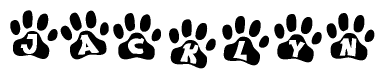 The image shows a series of animal paw prints arranged horizontally. Within each paw print, there's a letter; together they spell Jacklyn