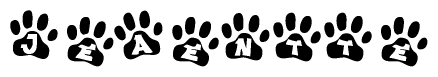 The image shows a series of animal paw prints arranged in a horizontal line. Each paw print contains a letter, and together they spell out the word Jeaentte.