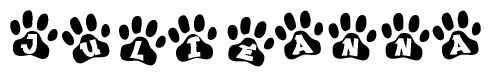 The image shows a series of animal paw prints arranged in a horizontal line. Each paw print contains a letter, and together they spell out the word Julieanna.