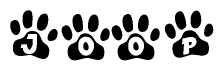 The image shows a row of animal paw prints, each containing a letter. The letters spell out the word Joop within the paw prints.