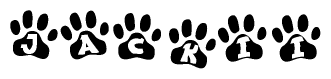 The image shows a series of animal paw prints arranged in a horizontal line. Each paw print contains a letter, and together they spell out the word Jackii.