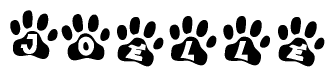 The image shows a series of animal paw prints arranged in a horizontal line. Each paw print contains a letter, and together they spell out the word Joelle.
