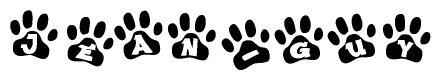 The image shows a series of animal paw prints arranged in a horizontal line. Each paw print contains a letter, and together they spell out the word Jean-guy.