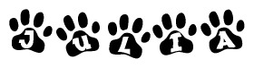The image shows a row of animal paw prints, each containing a letter. The letters spell out the word Julia within the paw prints.