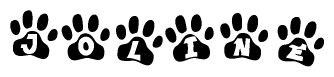 The image shows a row of animal paw prints, each containing a letter. The letters spell out the word Joline within the paw prints.