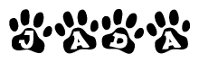 The image shows a row of animal paw prints, each containing a letter. The letters spell out the word Jada within the paw prints.
