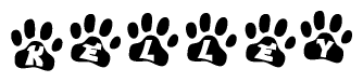 The image shows a row of animal paw prints, each containing a letter. The letters spell out the word Kelley within the paw prints.