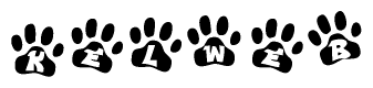 The image shows a row of animal paw prints, each containing a letter. The letters spell out the word Kelweb within the paw prints.