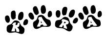 The image shows a row of animal paw prints, each containing a letter. The letters spell out the word Kara within the paw prints.
