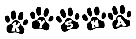 The image shows a series of animal paw prints arranged horizontally. Within each paw print, there's a letter; together they spell Kysha