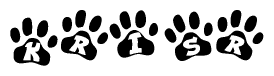 The image shows a row of animal paw prints, each containing a letter. The letters spell out the word Krisr within the paw prints.