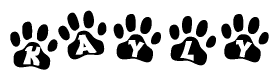 The image shows a series of animal paw prints arranged in a horizontal line. Each paw print contains a letter, and together they spell out the word Kayly.