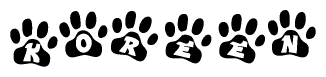 The image shows a row of animal paw prints, each containing a letter. The letters spell out the word Koreen within the paw prints.