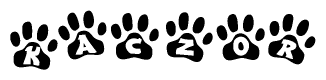 The image shows a series of animal paw prints arranged horizontally. Within each paw print, there's a letter; together they spell Kaczor