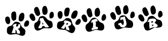 The image shows a series of animal paw prints arranged in a horizontal line. Each paw print contains a letter, and together they spell out the word Karijb.