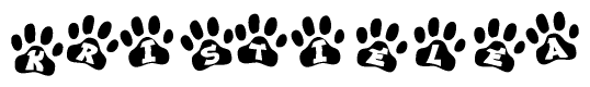 The image shows a series of animal paw prints arranged horizontally. Within each paw print, there's a letter; together they spell Kristielea