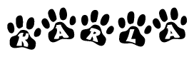 The image shows a row of animal paw prints, each containing a letter. The letters spell out the word Karla within the paw prints.