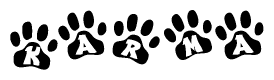 The image shows a row of animal paw prints, each containing a letter. The letters spell out the word Karma within the paw prints.