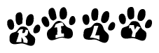 The image shows a series of animal paw prints arranged in a horizontal line. Each paw print contains a letter, and together they spell out the word Kily.