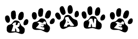 The image shows a series of animal paw prints arranged in a horizontal line. Each paw print contains a letter, and together they spell out the word Keane.