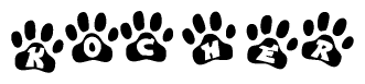 The image shows a series of animal paw prints arranged in a horizontal line. Each paw print contains a letter, and together they spell out the word Kocher.