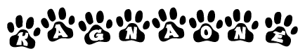 The image shows a series of animal paw prints arranged in a horizontal line. Each paw print contains a letter, and together they spell out the word Kagnaone.