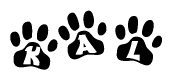 The image shows a row of animal paw prints, each containing a letter. The letters spell out the word Kal within the paw prints.