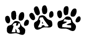 The image shows a series of animal paw prints arranged horizontally. Within each paw print, there's a letter; together they spell Kaz
