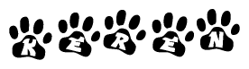The image shows a series of animal paw prints arranged horizontally. Within each paw print, there's a letter; together they spell Keren