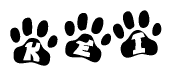The image shows a series of animal paw prints arranged in a horizontal line. Each paw print contains a letter, and together they spell out the word Kei.