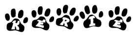 The image shows a series of animal paw prints arranged horizontally. Within each paw print, there's a letter; together they spell Kerie