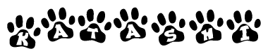 The image shows a row of animal paw prints, each containing a letter. The letters spell out the word Katashi within the paw prints.