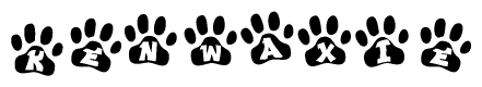 The image shows a series of animal paw prints arranged horizontally. Within each paw print, there's a letter; together they spell Kenwaxie