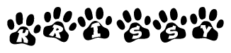 The image shows a series of animal paw prints arranged in a horizontal line. Each paw print contains a letter, and together they spell out the word Krissy.