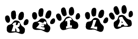 The image shows a series of animal paw prints arranged horizontally. Within each paw print, there's a letter; together they spell Keila