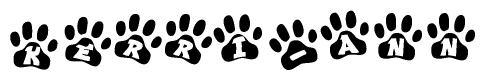 The image shows a series of animal paw prints arranged in a horizontal line. Each paw print contains a letter, and together they spell out the word Kerri-ann.