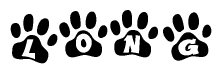 The image shows a series of animal paw prints arranged in a horizontal line. Each paw print contains a letter, and together they spell out the word Long.