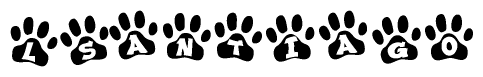 The image shows a series of animal paw prints arranged horizontally. Within each paw print, there's a letter; together they spell Lsantiago